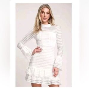 LULUS For Always White Long Sleeve Mesh Pattern Ruffled Bell Sleeve Mini Dress L